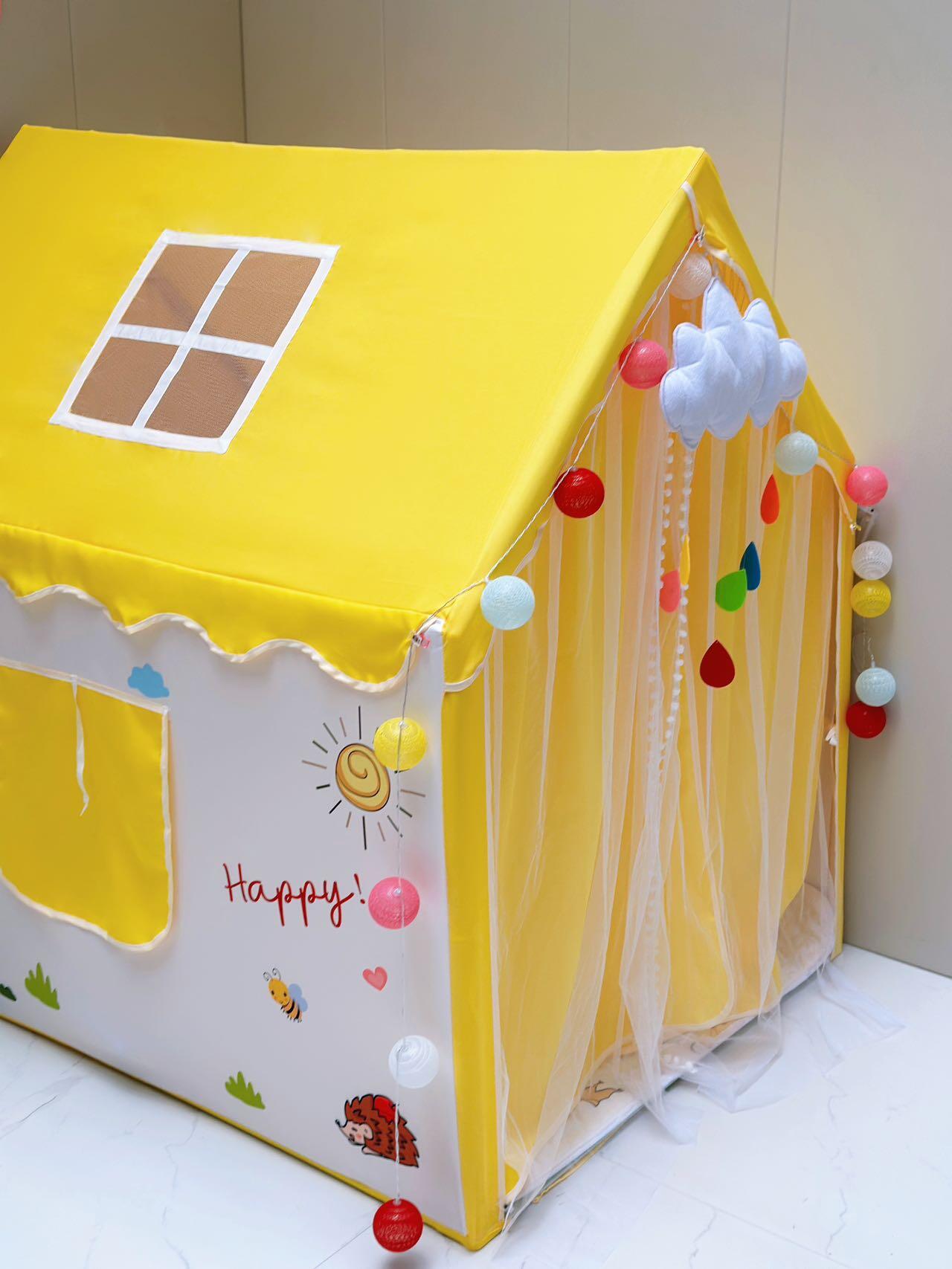 Sunny Yellow Kids Playhouse Tent – Indoor Play Tent with Mesh Curtains, Lights & Cute Animal Prints