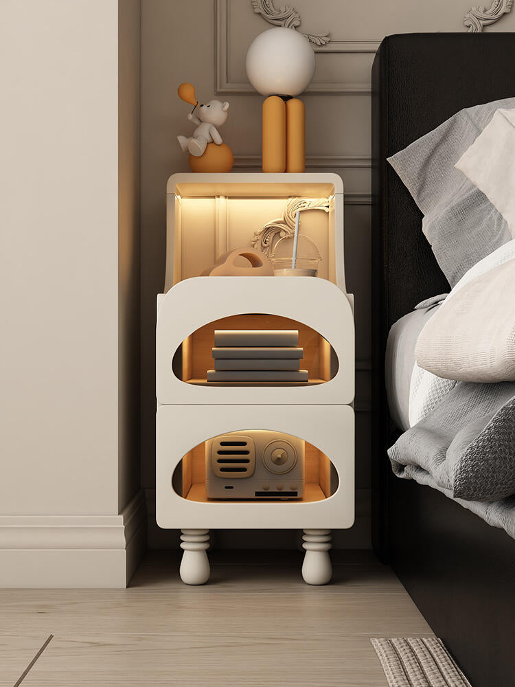 Modern Kids Bedside Table with LED Lights – Soft-Edge Nightstand with Storage Shelves