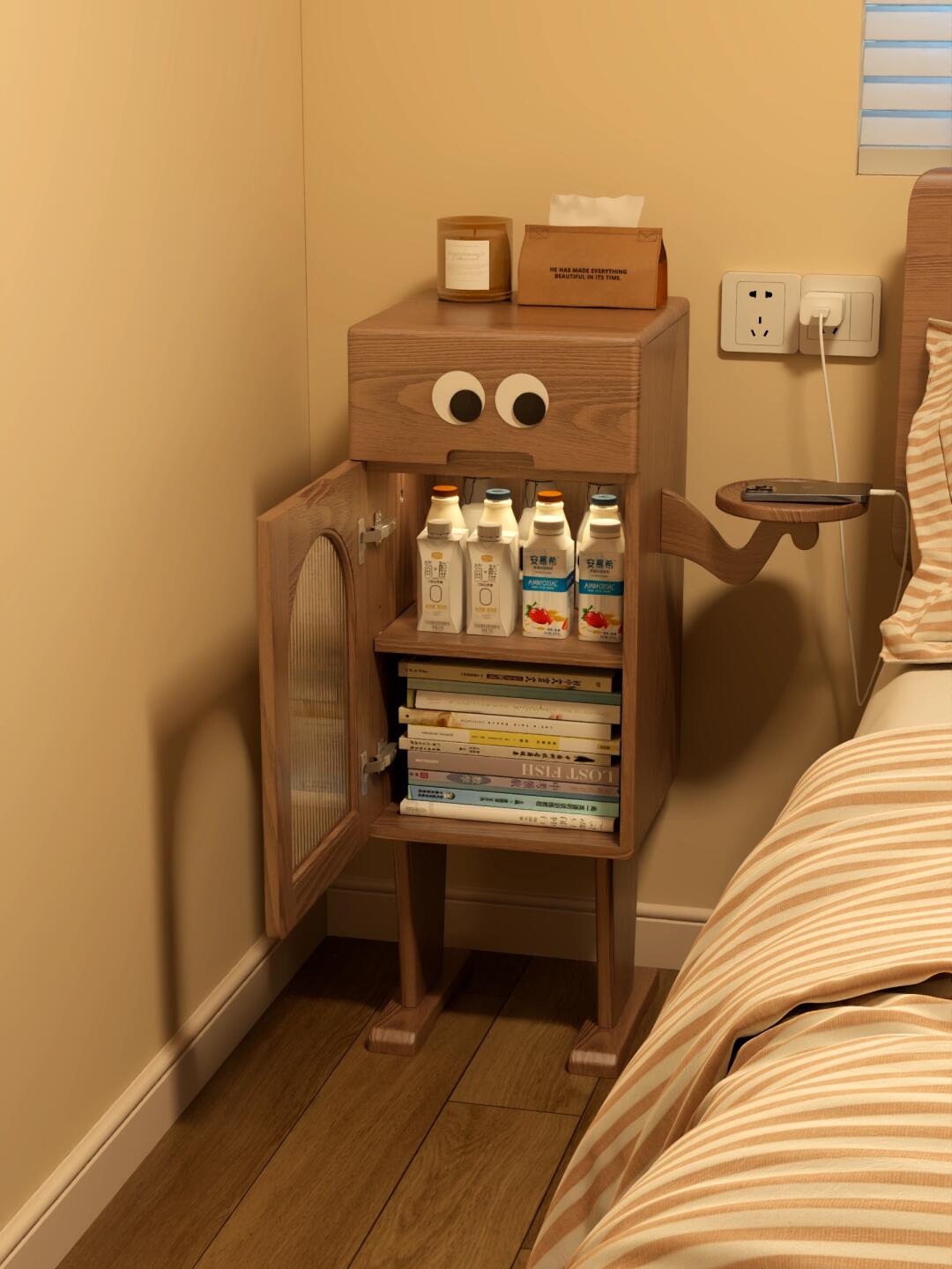 Whimsical Wooden Bedside Cabinet with Character Design – Multi-Functional Storage for Kids & Adults