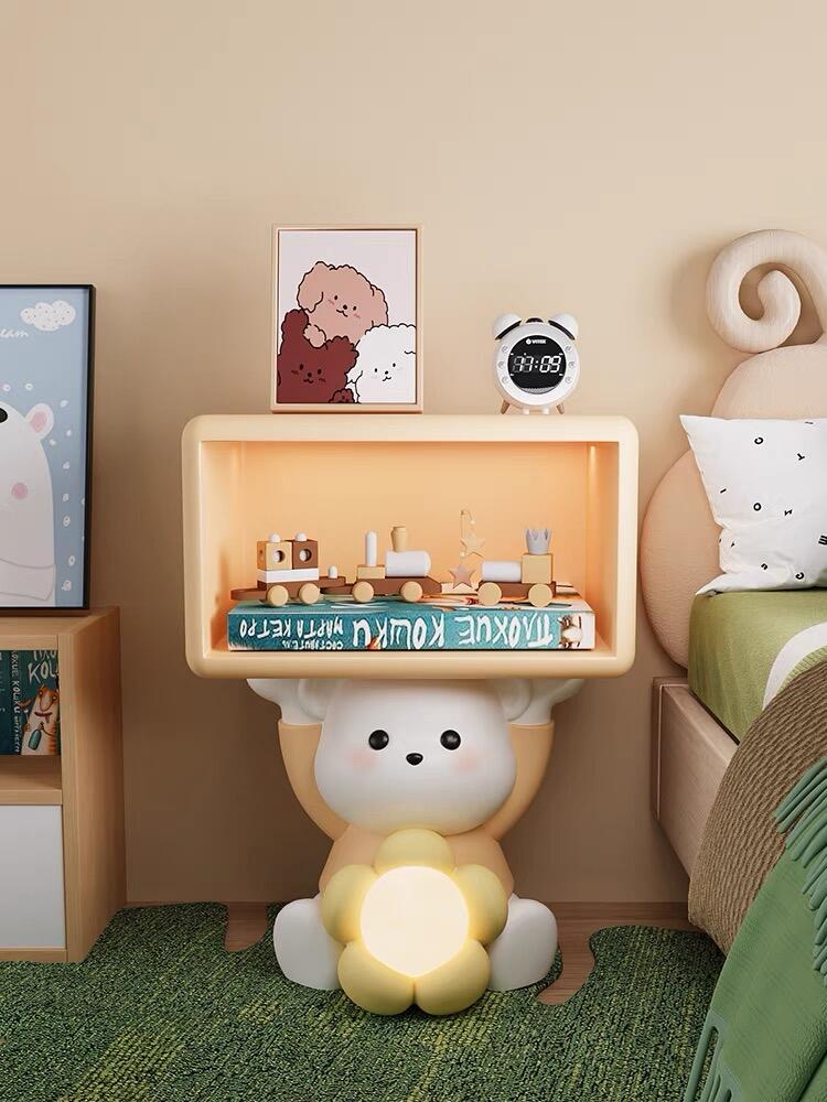 Bear Bedside Table with LED Flower Light – Cute Nightstand with Open Shelf & Soft Glow
