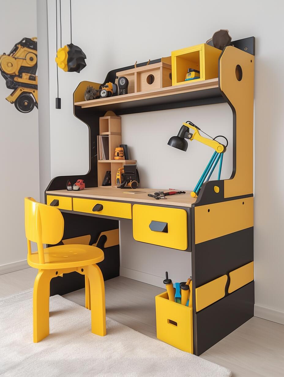 Kids’ Construction-Themed Study Desk with Storage – Builder-Inspired Workstation & Chair Set