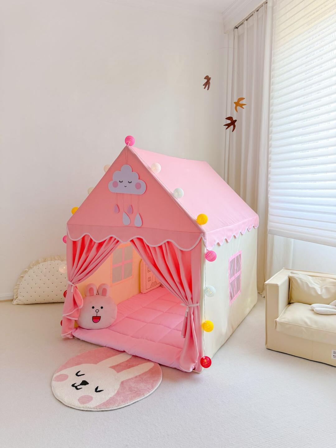 Pink Bunny House Play Tent for Kids – Indoor Cozy Playhouse with Mat, Curtains & LED Ball Lights