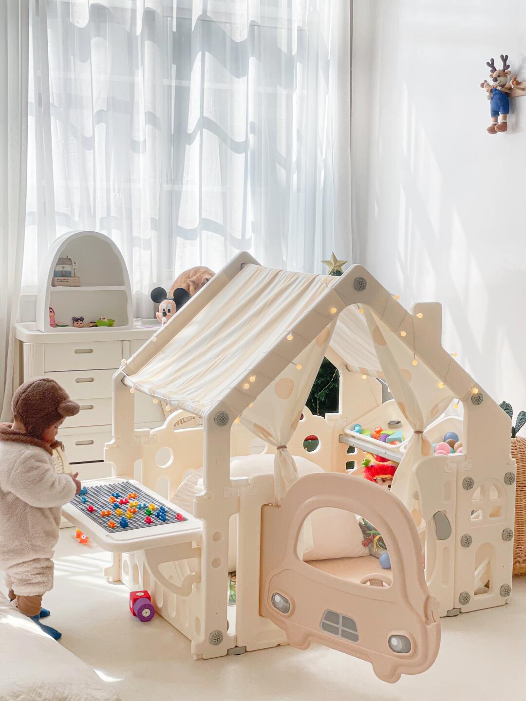 Kids' Indoor Playhouse with Car Door Design, Canopy Roof & Activity Table – Multi-Functional Play Yard with Ball Pit