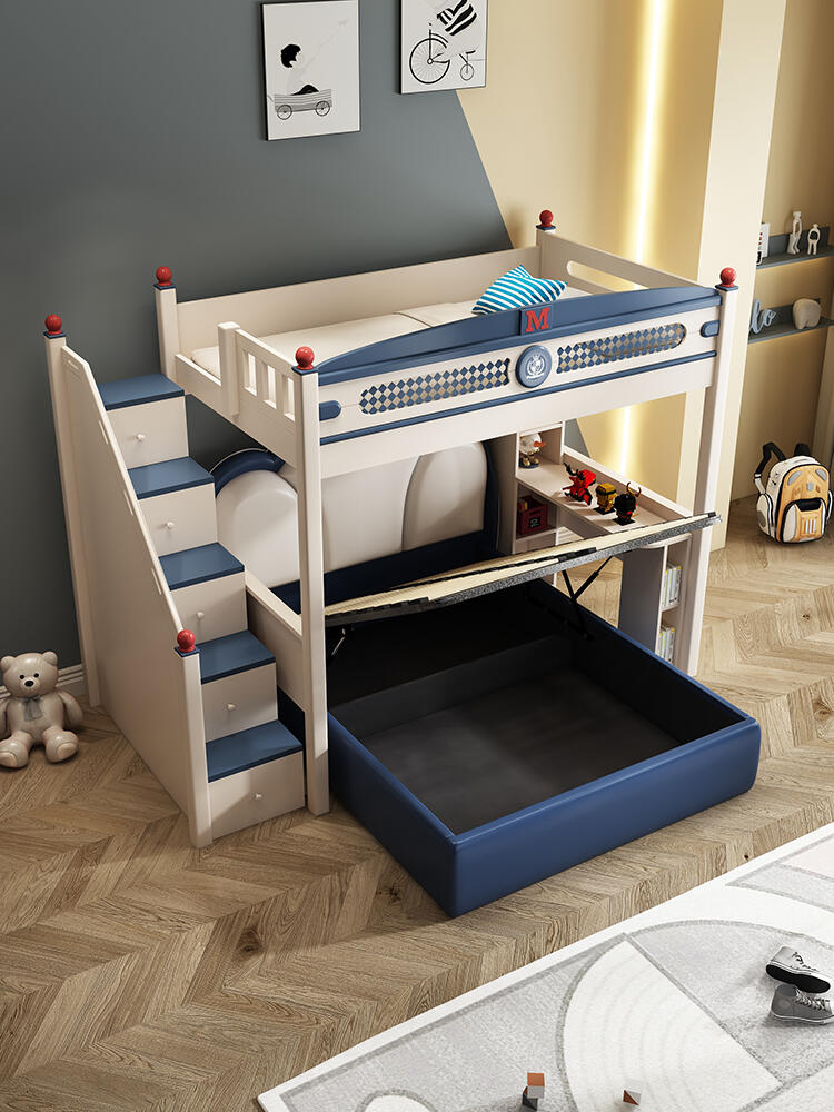 Kids’ Bunk Bed with Staircase & Upholstered Full Bed – Navy Blue & White Captain-Themed Loft Bed