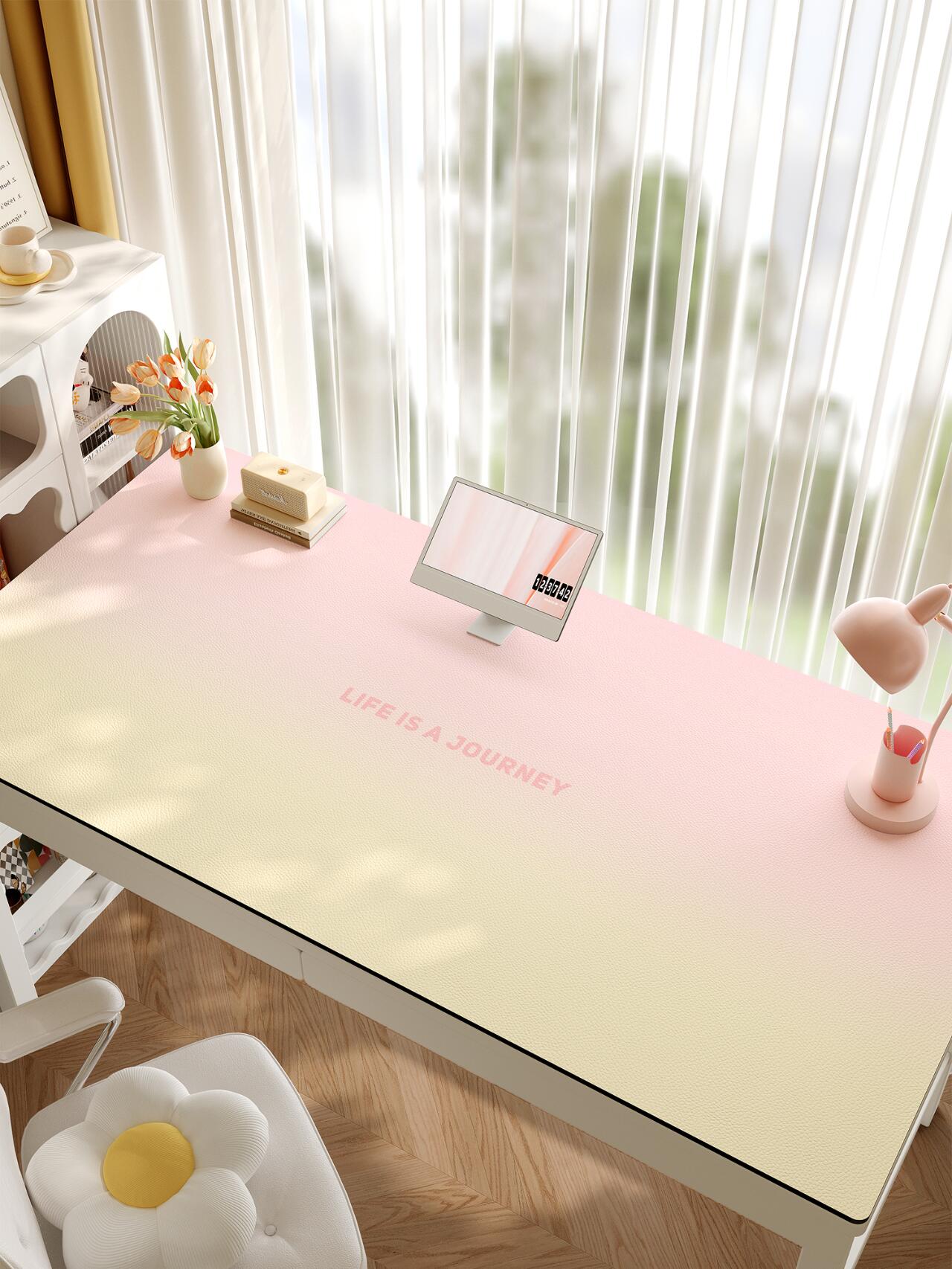 Pastel Pink Desk Mat – “Life is a Journey” Office & Study Surface Protector