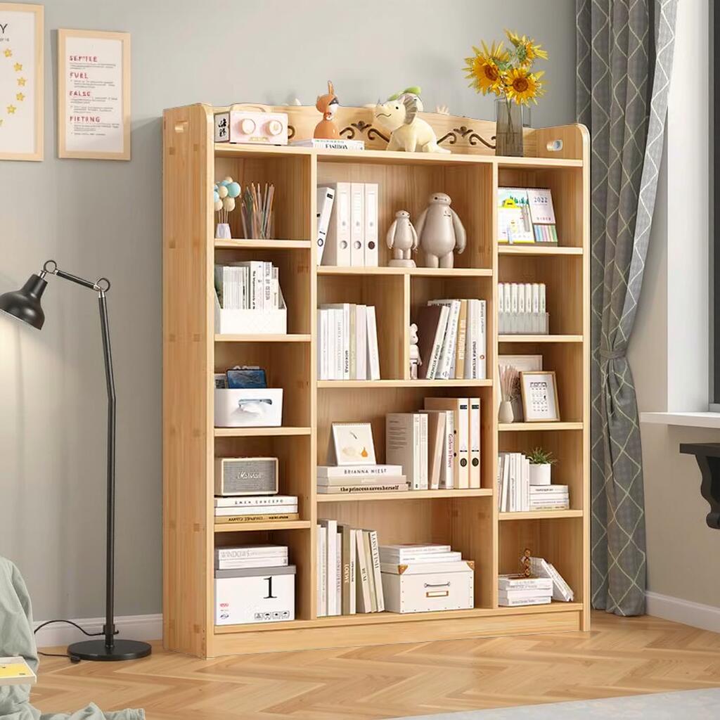 Natural Wood Bookshelf with Drawers – Multi-Tier Storage Organizer for Bedroom or Study