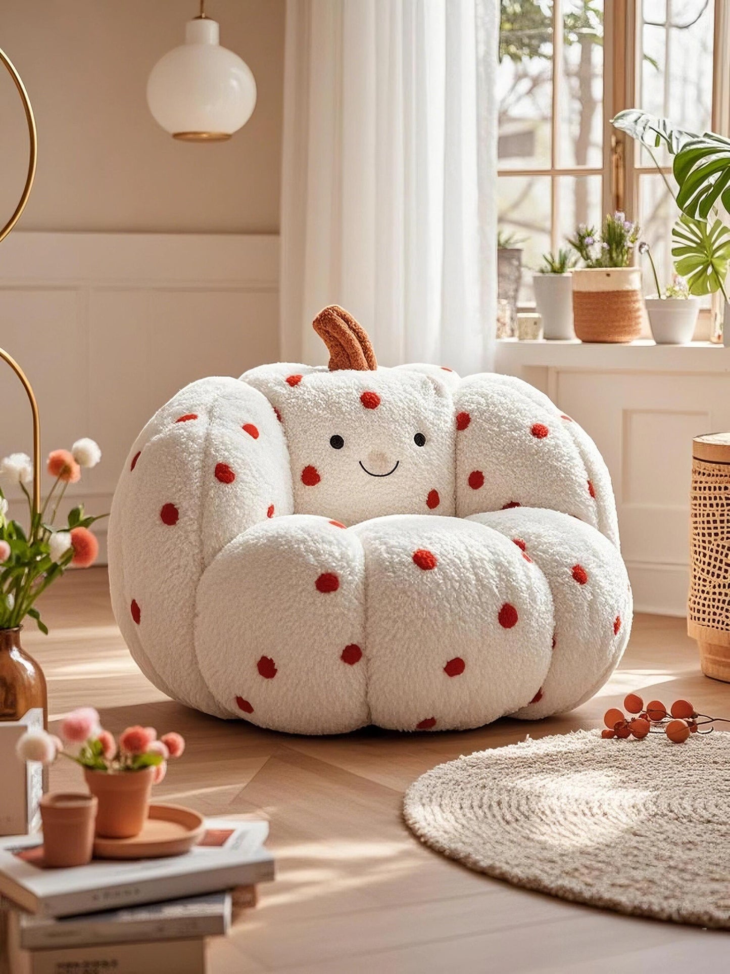 Plush Pumpkin Monster Chair for Kids – Soft Polka Dot Bean Bag Style Lounge Seat