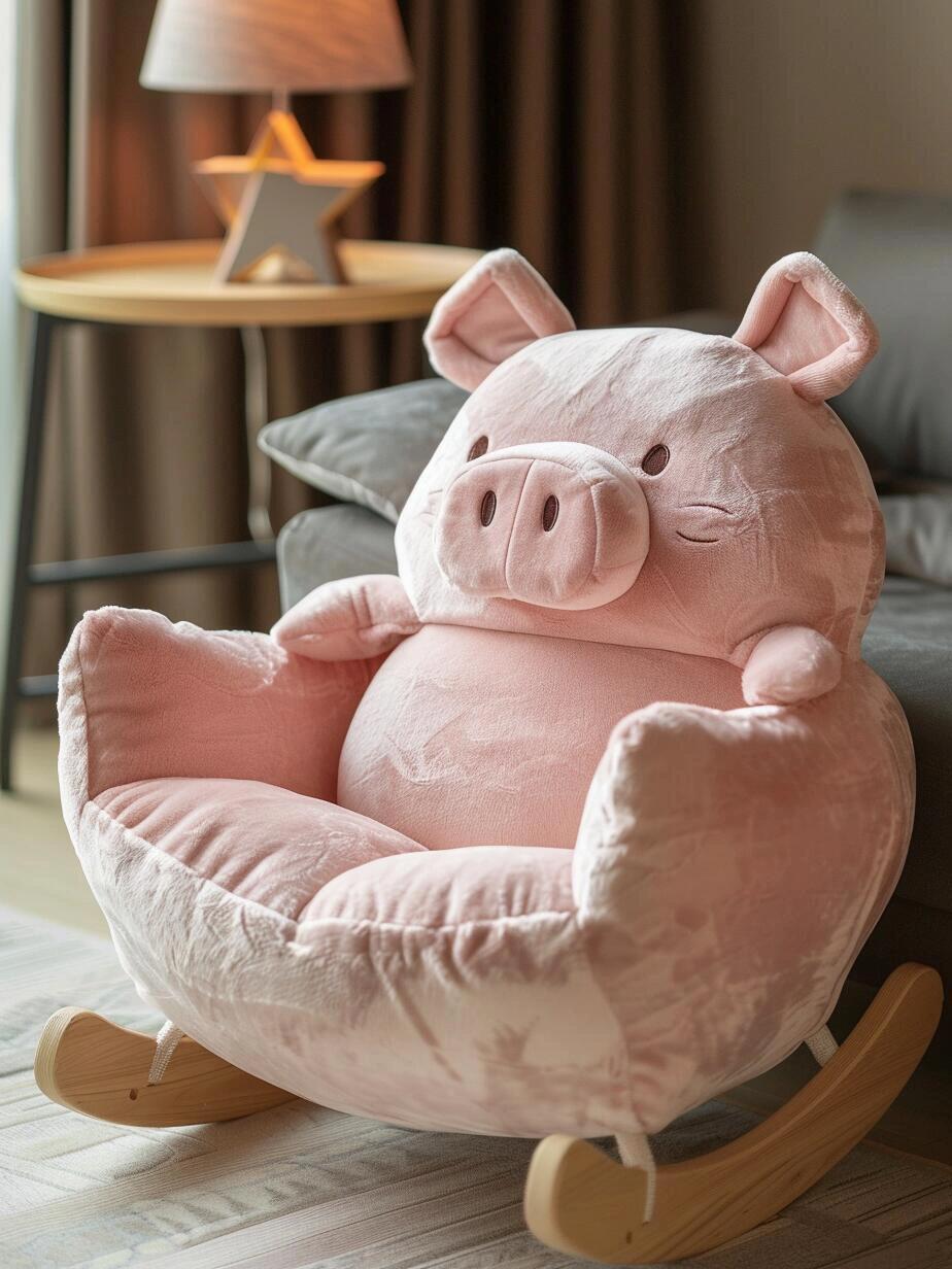 Plush Piggy Rocking Chair for Kids – Soft Animal Armchair with Wooden Rockers (Seating / Rocking Chair)