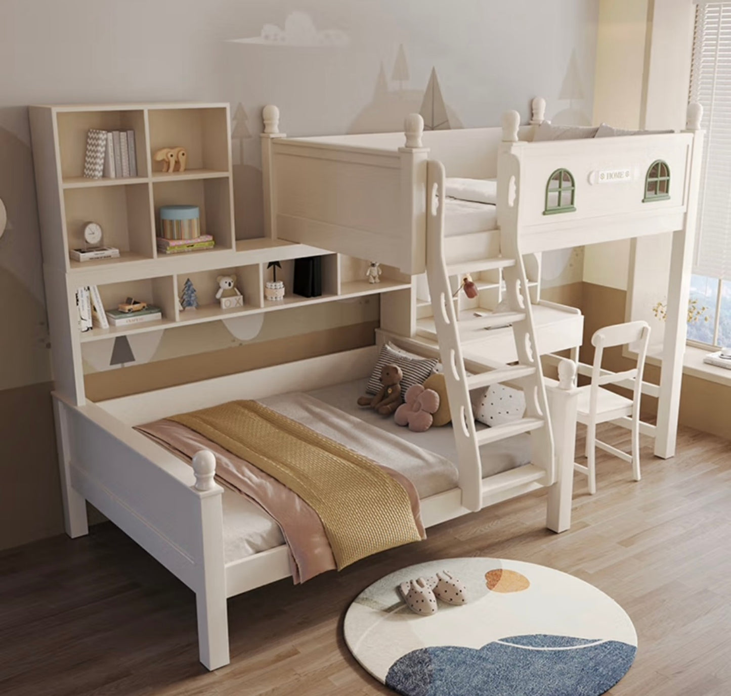White L-Shaped Kids Bunk Bed with Storage – Space Saving Loft Bed