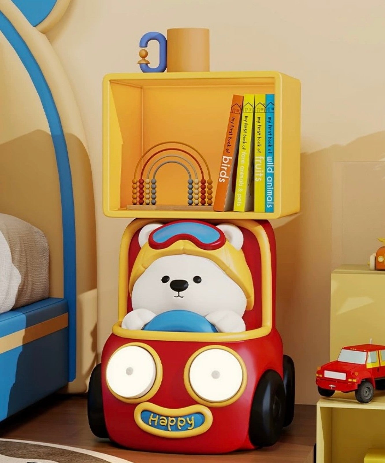 Bear Car Kids Nightstand – Cartoon Bedside Table with Bookshelf