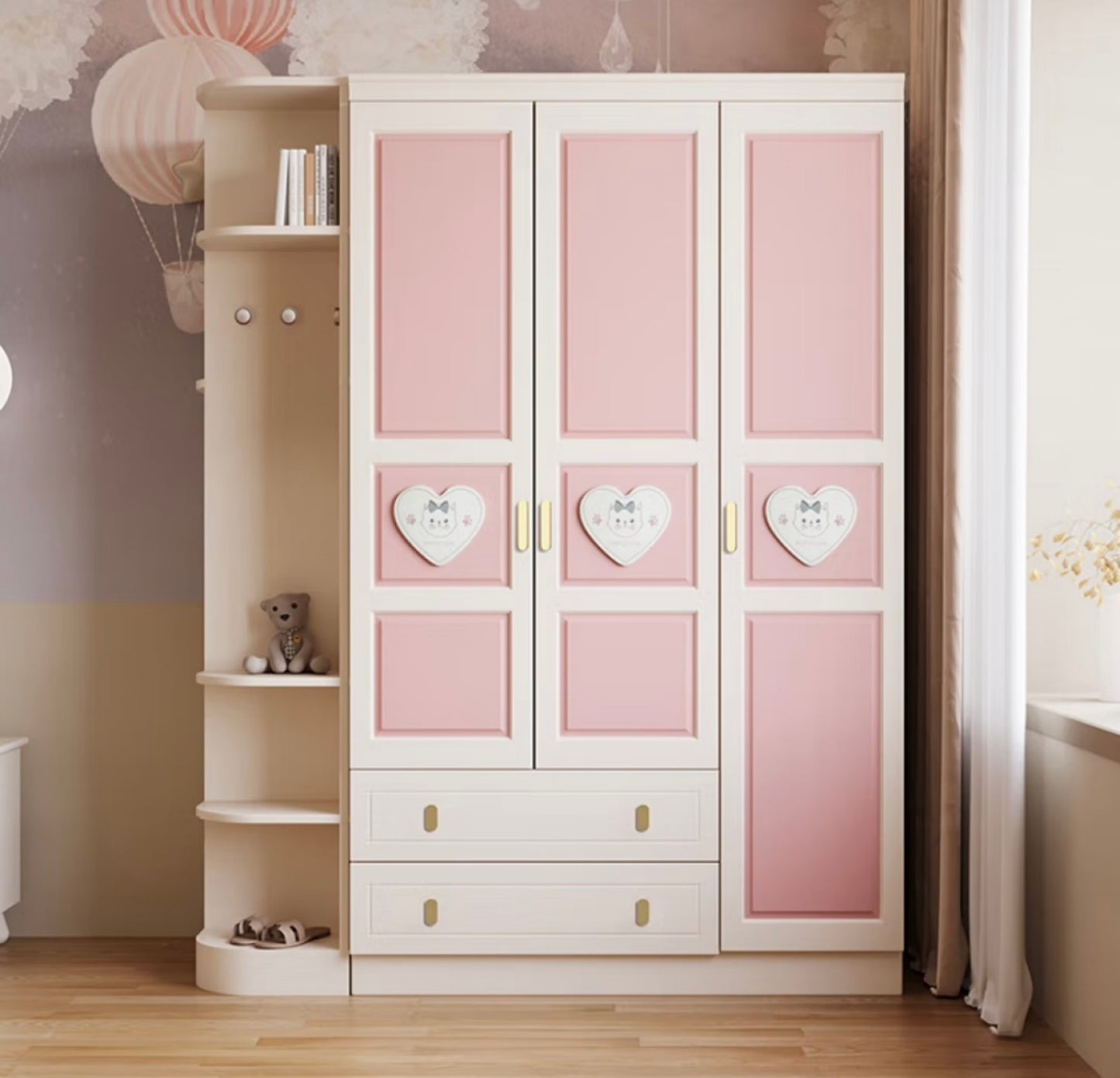 Pink Heart Kids Wardrobe – Cute Girls’ Storage Closet with Shelves