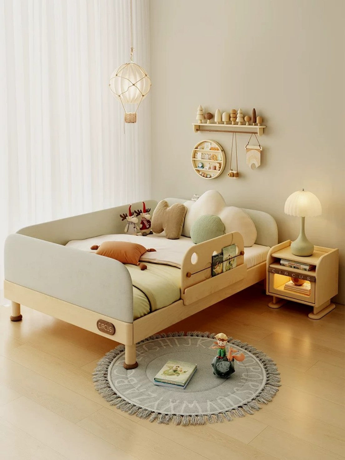 Modern Wooden Kids Bed with Safety Guardrail and Storage