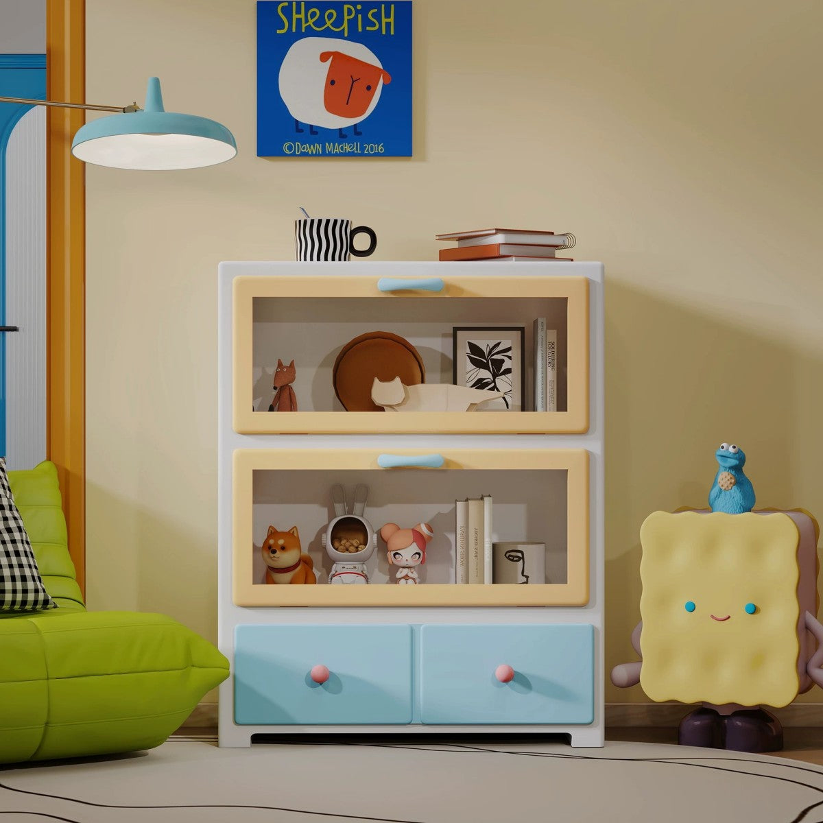 Pastel Toy Display Cabinet – Modern Kids Storage Organizer with Drawers