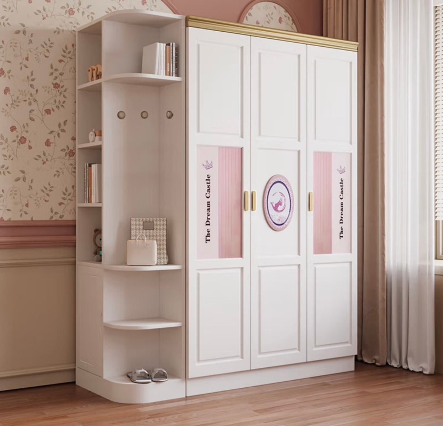 Princess Castle Kids Wardrobe – Elegant Girls’ Closet with Shelves