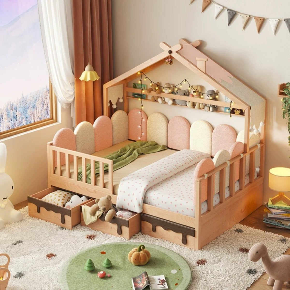 House Frame Kids Bed with Storage Drawers – Cozy Montessori Bed