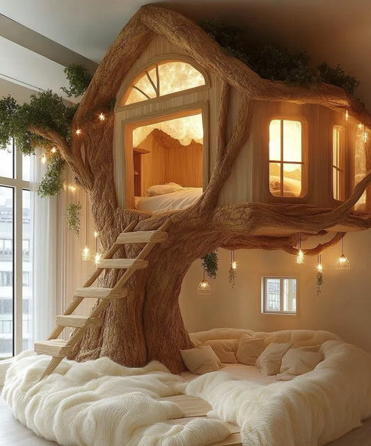 Luxury Kids Treehouse Bed with Cozy Lounge, Indoor Wooden Loft Playhouse