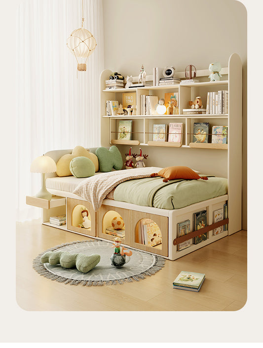 Multifunctional Kids Bed with Bookcase Headboard and Toy Storage – Montessori-Inspired Toddler Bed Frame – Furniture