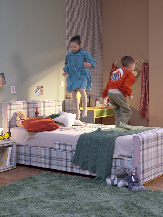 Playful Plaid Kids' Bedroom with Cozy Upholstered Beds — Children's Furniture & Interior Design