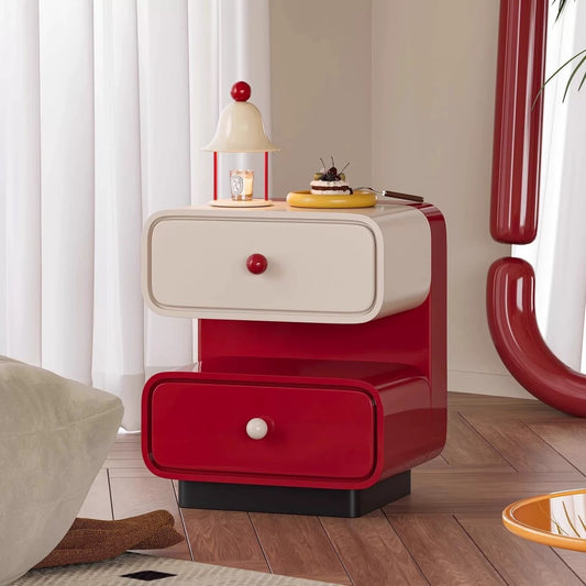 Modern Red and White Nightstand – Retro Bedside Storage Cabinet