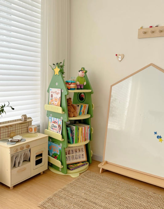 Tree Shaped Kids Bookshelf – Green Rotating Book Storage Rack
