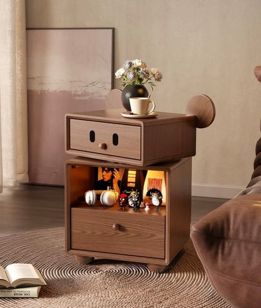 Bear Ears Wooden Nightstand – Cute Animal Bedside Table with Drawers