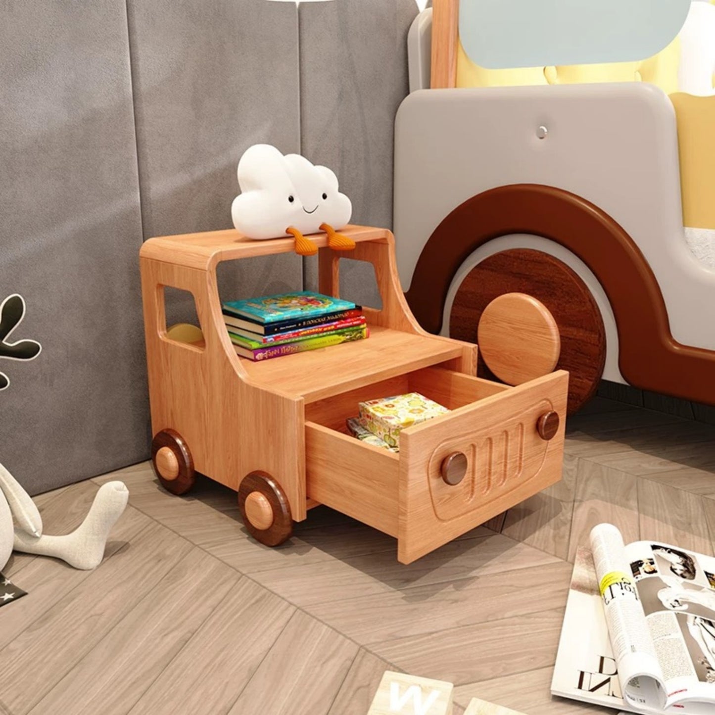 Wooden Truck Bookshelf for Kids – Vehicle Theme Storage Organizer