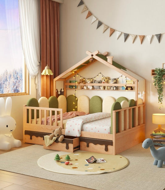 Kids House Bed with Fence and Storage Drawers