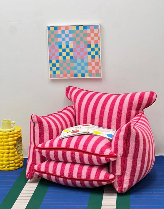Striped Pink Plush Chair – Whimsical Reading Chair for Kids’ Playroom