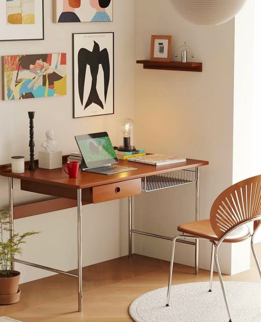 Mid-Century Modern Study Desk with Drawer and Metal Legs