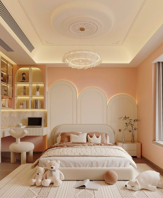 Elegant Blush Pink Upholstered Kids Bed with Study Desk – Luxury Princess Bedroom Set
