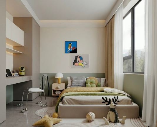 Minimalist Kids Platform Bed with Desk – Modern Green and Beige Children’s Bedroom Set