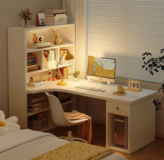 White L-Shaped Desk with Bookshelf Hutch – Kids or Teen Computer Study Table with Storage Shelves