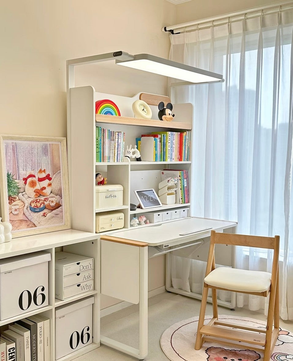 Modern Adjustable Study Desk with LED Light – Space-Saving Ergonomic Desk and Bookshelf Combo