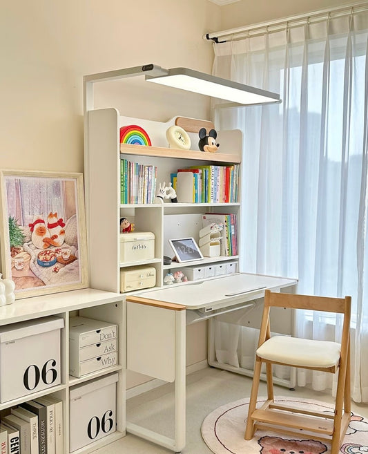 Modern Adjustable Study Desk with LED Light – Space-Saving Ergonomic Desk and Bookshelf Combo