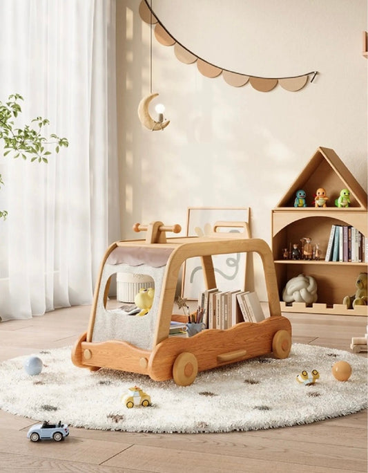 Wooden Car Bookshelf – Playful Rolling Storage for Kids’ Study