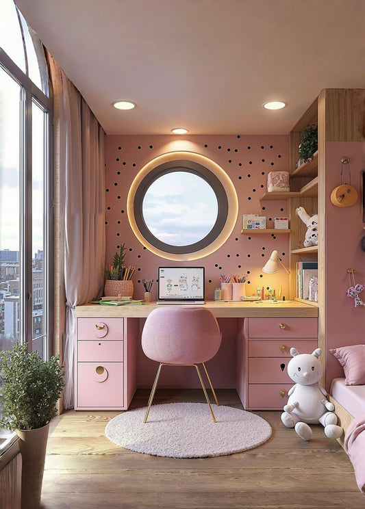 Pink Vanity Study Desk with Illuminated Round Window – Girls’ Writing Desk with Drawers and Bookshelves