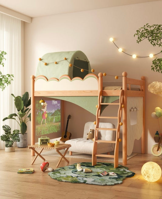 Wooden Kids Loft Bed with Canopy and Play Area – Modern Bunk Bed for Creative Bedrooms