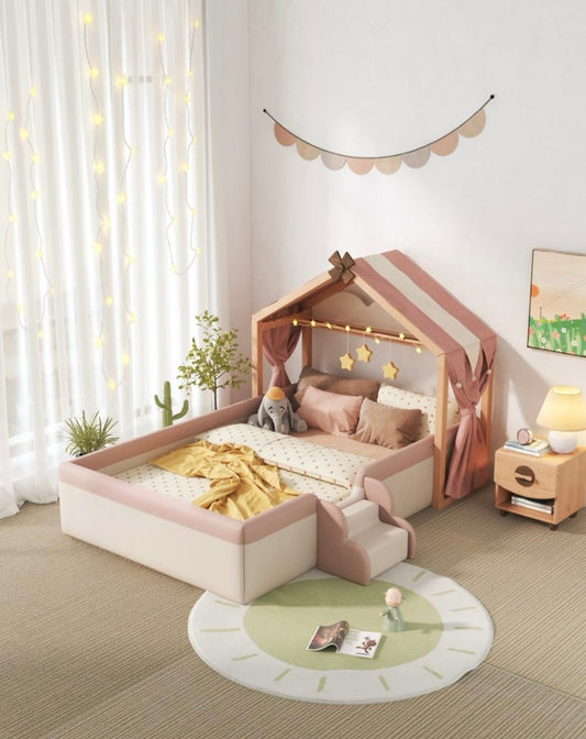 Montessori Kids House Bed with Steps and Padded Rails – Toddler Floor Bed for Safe and Fun Sleep