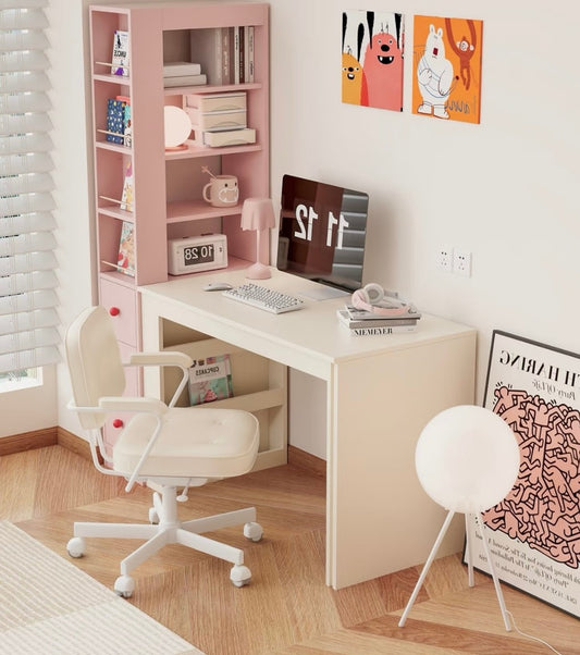 Compact White and Pink Study Desk with Bookshelf – Modern Student Computer Desk with Rolling Chair