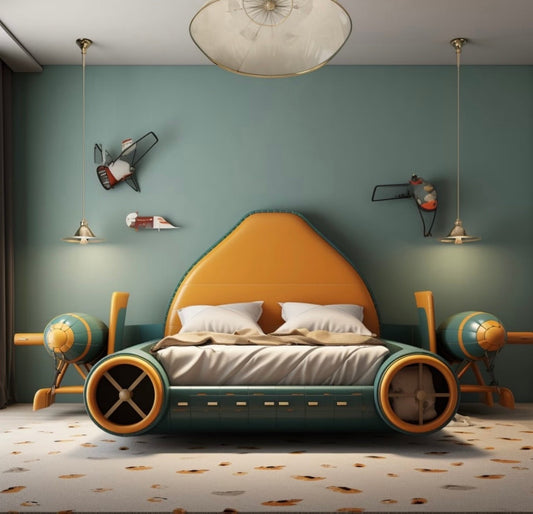 Airplane Theme Kids Bed with Propeller Accents – Creative Aviation Bedroom Furniture for Children