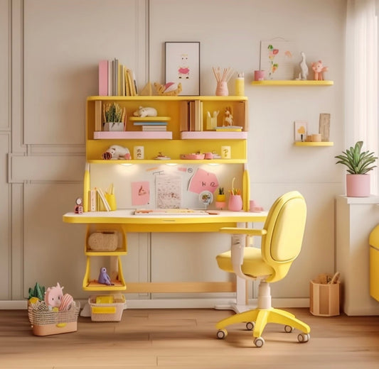 Kids Study Desk with Storage and Bookshelf, Modern Yellow Children’s Study Table