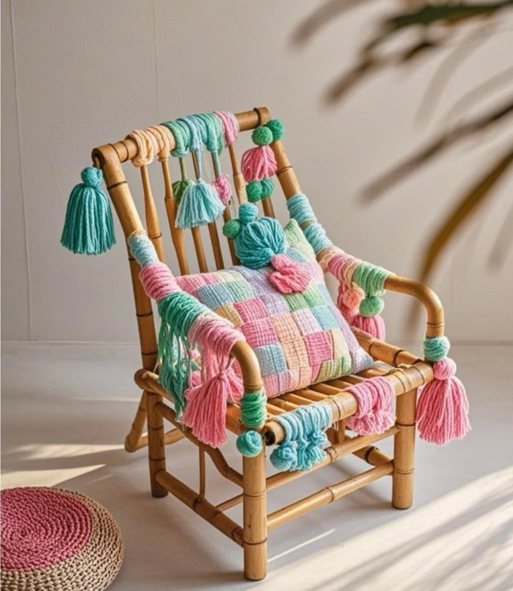 Boho Kids Rattan Chair with Colorful Yarn Tassels, Handmade Children’s Armchair