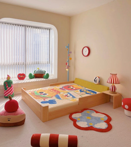 Children’s Wooden Floor Bed, Cartoon Kids Bed with Colorful Decor