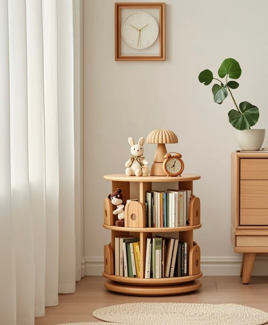 Wooden Rotating Bookshelf for Kids, 360° Round Storage Organizer