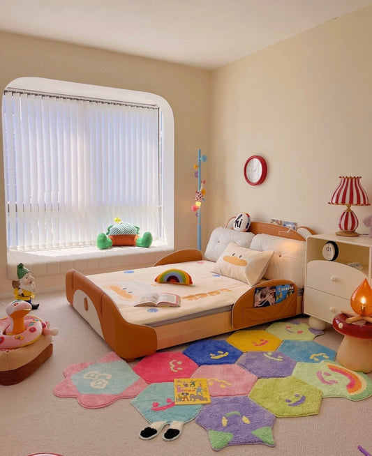 Cartoon Kids Bed with Guardrails, Modern Children’s Upholstered Bed