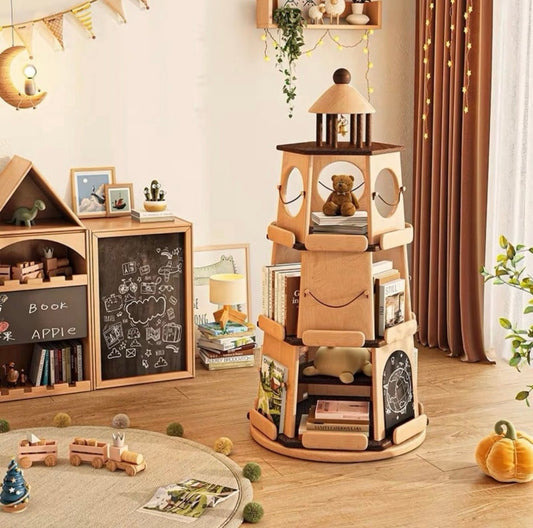 Wooden Rotating Kids Bookshelf, Multi-Tier 360° Storage Organizer