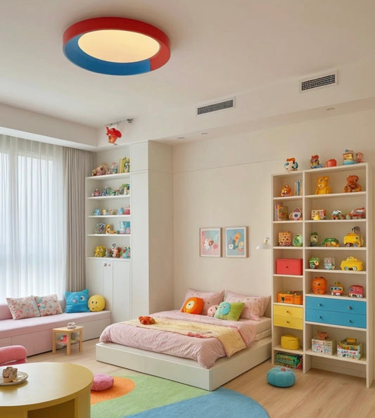 Modern Kids Bedroom with Storage Shelves and Colorful Decor