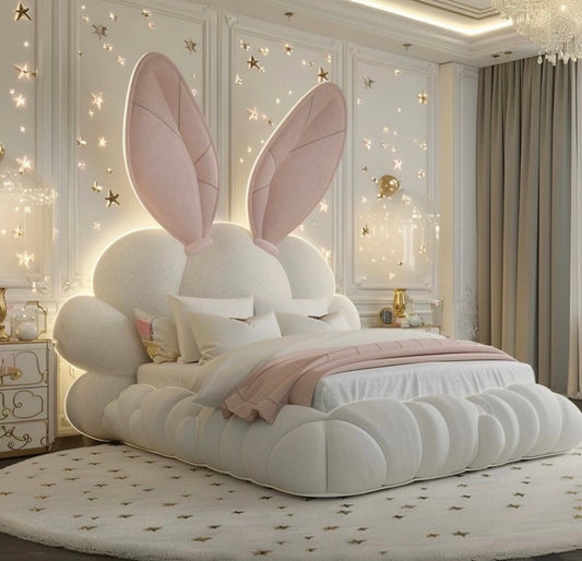 Luxury Bunny Ears Kids Bed, Cloud Shaped Upholstered Children’s Bed