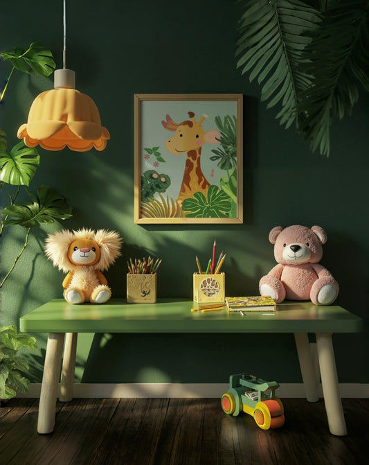 Kids Jungle Theme Study Desk – Green Wooden Table for Children’s Learning, Drawing, and Creativity