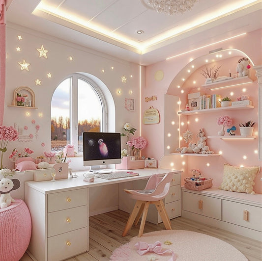 Girls’ Pink LED Study Desk with Drawers and Bench – Fairy Tale Computer Workstation for Kids
